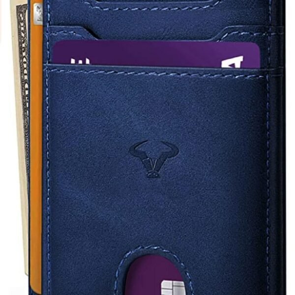 Contacts Genuine Leather Slim Wallet | RFID Blocking Skinny Minimal Thin Front Pocket Wallet Sleeve Card Holder for Men | Up to 7 Card Slots Including 1 ID Window (Blue)