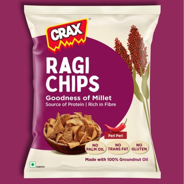Crax Ragi Chips - Peri Peri, 80g/86g | Goodness of Millet| Spicy Crunch, Protein-Packed | Healthy & Tasty Snack | Spicy Tadka |Crunchy Chips & Snacks | Social Gatherings, Fun Snack | Crunchy Gourmet Snacks for Parties, Drinks, Tea & Coffee | 100% Vegetarian (Weight may vary)