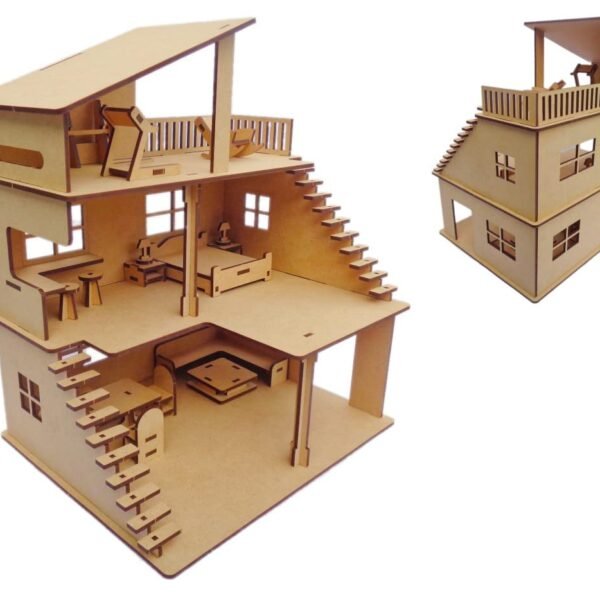 DIY Wooden Doll House with Furniture for Kids, Open Air Gym, Construction Kit with Assembly Instructions