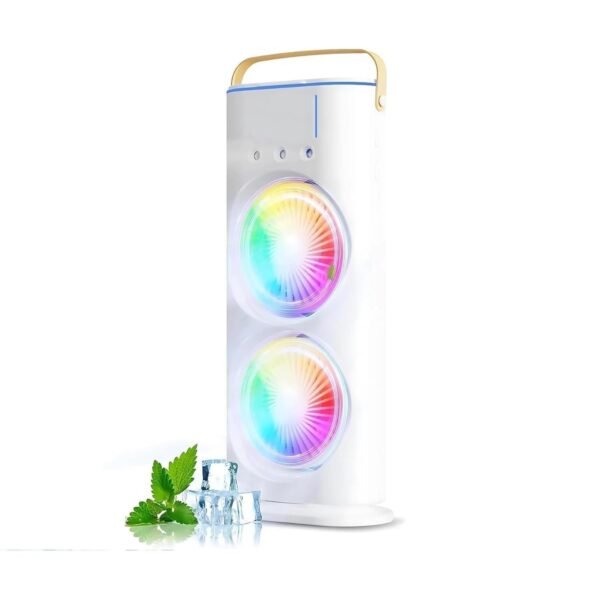 Double Mist Fan Rechargeable Mini Air Cooler with Ice Tank Dual Head 90° Rotation, Triple Spray, RGB LED Light, 3-Speed USB Portable Cooling Fan for Home, Office, Travel & Outdoor