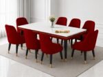 Elara Modern Dining Table Set 8-Seater Wooden Dining Table Set | 2 Year Warranty | Nano Composite Marble Marble Top Table with 8 Chairs (Maroon)