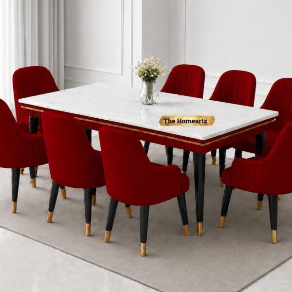 Elara Modern Dining Table Set 8-Seater Wooden Dining Table Set | 2 Year Warranty | Nano Composite Marble Marble Top Table with 8 Chairs (Maroon)