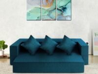 FRESH UP 3 Seater Sofa Cum Bed 72x44x10 Inches Polycotton Fabric Washable Cover with 3 Cushions (Blue-Green | 3 Sits and 2 Sleeps | Low Floor Seating) 3-Person Sofa