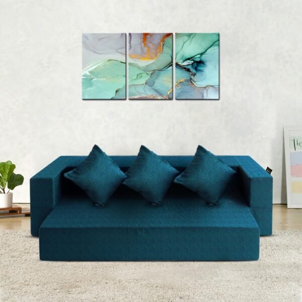 FRESH UP 3 Seater Sofa Cum Bed 72x44x10 Inches Polycotton Fabric Washable Cover with 3 Cushions (Blue-Green | 3 Sits and 2 Sleeps | Low Floor Seating) 3-Person Sofa
