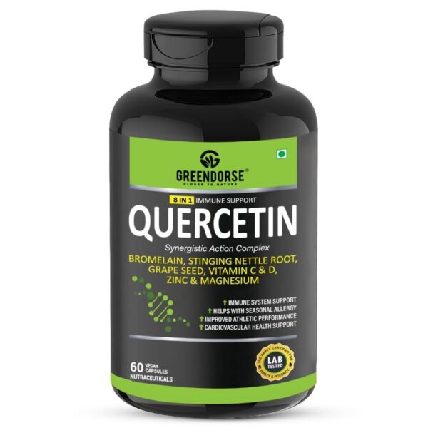 GREENDORSE Premium Quercetin with Bromelain, Stinging Nettle, Grape Seed, Vitamin C & D, Zinc, Magnesium – 8-in-1 Immune Support Supplement – Antioxidant, Allergy Relief, Cardiovascular & Respiratory Health – 60 Vegan Capsules