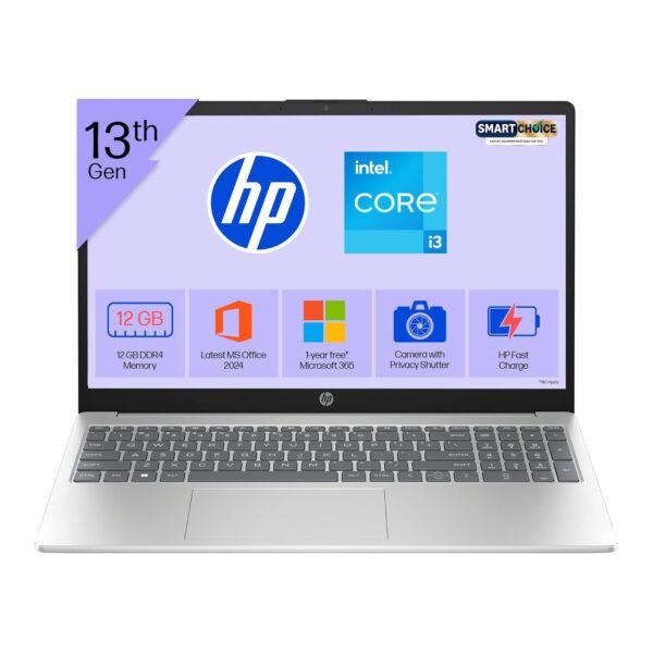 HP 15 Smartchoice, 13th Gen Intel Core i3-1315U (12GB DDR4, 512GB SSD) FHD, Anti-Glare, Micro-Edge, 15.6''/39.6cm, Win11, M365(1yr)*Office24, Silver, 1.59kg, fd0573TU, FHD Camera w/Shutter Laptop