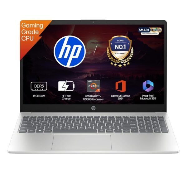 HP 15 Smartchoice, AMD Ryzen 7 7735HS (16GB DDR5,512GB SSD) FHD, Anti-Glare, Micro-Edge, 15.6''/39.6cm, Win11, M365 Basic(1yr)* Office24, Silver, 1.59kg, fc1038AU, FHD Camera w/Shutter, Backlit Laptop