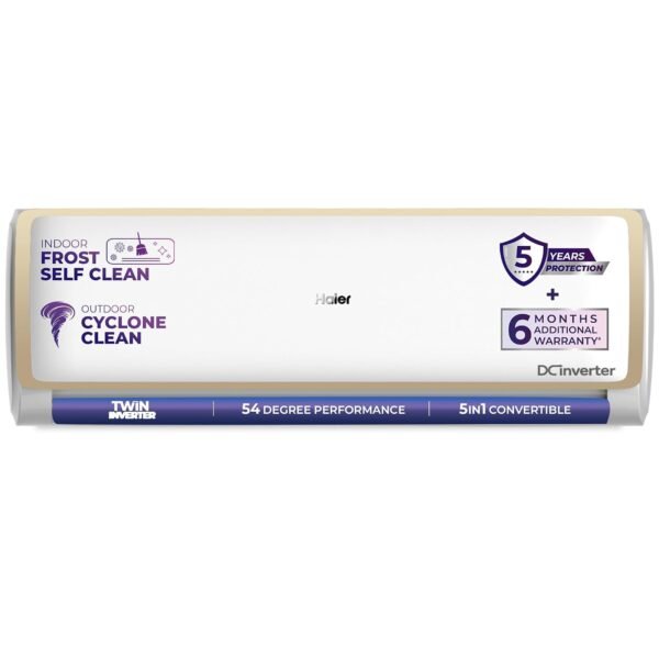 Haier 1.5 Ton 5 Star Twin Inverter Split AC (Turbo Cooling, Energy Saving & Self-Clean, 5 in 1 Convertible, Copper, 2-way Swing, Cools in 10 Sec at 54°C, 2026 Model, White)-HSA52VP-G5NB-I