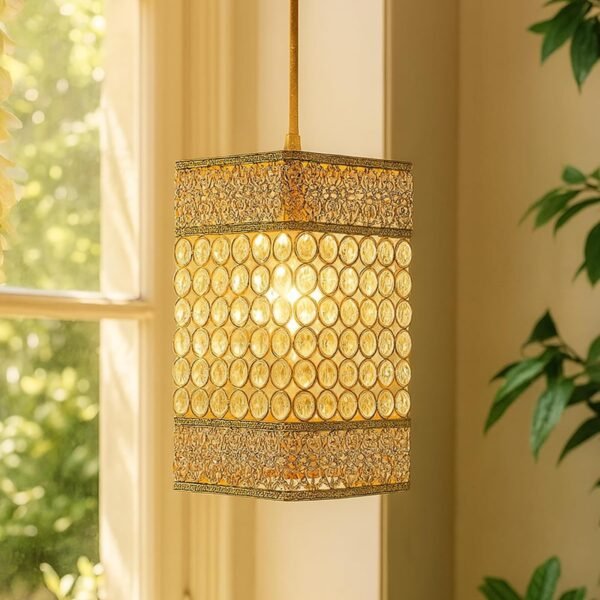 Homesake Crystal Beaded Pendant Light - Antique Gold Finish, Boho Style, Modern Ceiling Lamp for Living Room, Bedroom, Dining Room, Elegant Lighting Fixture, Home Décor(Gold)