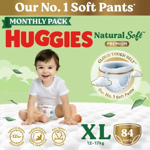Huggies Natural Soft Premium Baby Diaper Pants, Our No.1 Soft Pants, Extra Large (XL) Size (12-17 Kgs), Monthly Pack of 84 diapers | Cloud Softness All over with India's 1st Cloud Touch BeltTM (42 Count, Pack of 2)