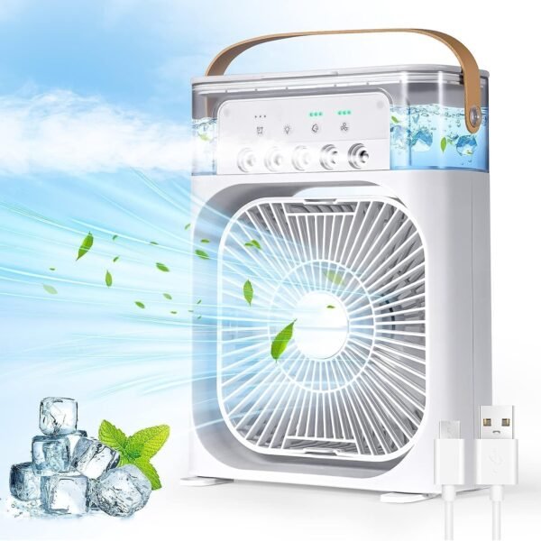 Ingreed Mini Air Cooler with USB Desk Fan | Personal Evaporative Cooler with 7 Colors LED Light, Timer, 3 Wind Speeds & 3 Spray Modes | Portable Cooling Fan for Office, Home, Dorm, Travel