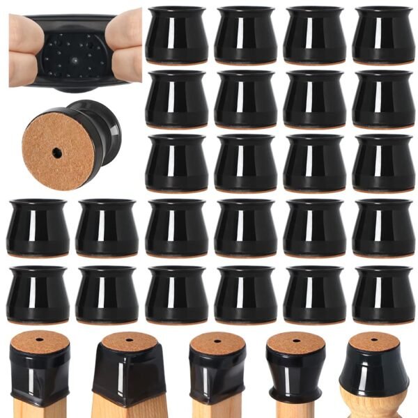 JIENO 24 Pcs Chair Leg Floor Protectors for Hardwood & Tile Floors - Silicone Covers with Felt Bottom - Non Slip, Anti Scratch - Black - Round