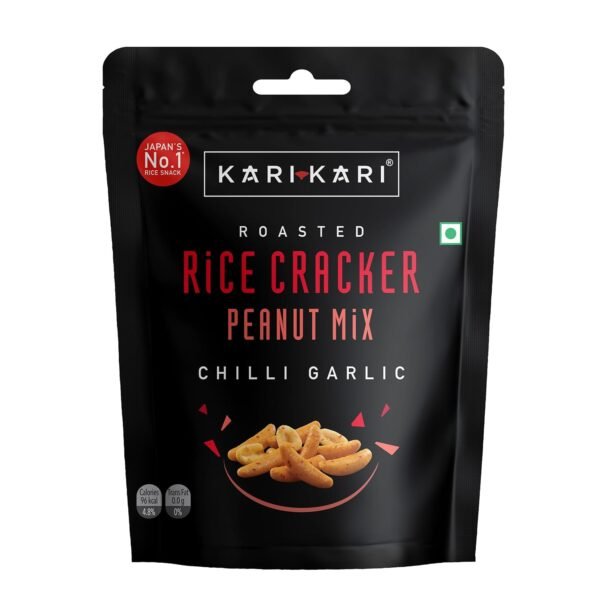 Kari Kari Chilli Garlic Rice Cracker & Peanut Mix | Crunchy Japanese | Roasted, Non-Fried | Healthy | 100% Vegetarian | Party Snacks (56g x Pack of 1)