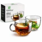 KiKiluxxa Large Hot and Cold Coffee/Green Tea Cups Mug, cappuccinos/Espresso Cup, Soup Bowl Jumbo/Big Milk Glass Cup with Handle for Coffee Multi-Purpose Mug Set 450 ML-Pack of 2 with Clour Box