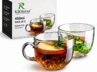 KiKiluxxa Large Hot and Cold Coffee/Green Tea Cups Mug, cappuccinos/Espresso Cup, Soup Bowl Jumbo/Big Milk Glass Cup with Handle for Coffee Multi-Purpose Mug Set 450 ML-Pack of 2 with Clour Box