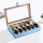 Kuber Industries Faux Leather See Through 12 Slots Wrist Watch Organiser Box for Men & Women | Watches Collection Case with Removable Pillows | Pink & Blue