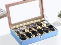 Kuber Industries Faux Leather See Through 12 Slots Wrist Watch Organiser Box for Men & Women | Watches Collection Case with Removable Pillows | Pink & Blue