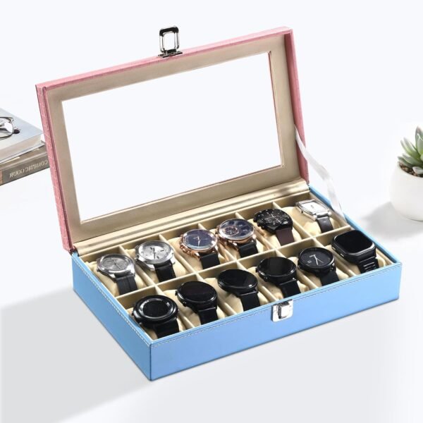 Kuber Industries Faux Leather See Through 12 Slots Wrist Watch Organiser Box for Men & Women | Watches Collection Case with Removable Pillows | Pink & Blue