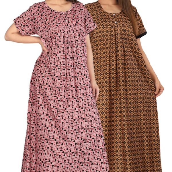 Kuruti B Sheets Nighty for Women Cotton Combo (Pack of 2) Nighty Gown Round Neck Short Sleeves Jaipuri Maxi Gown Printed Free Size