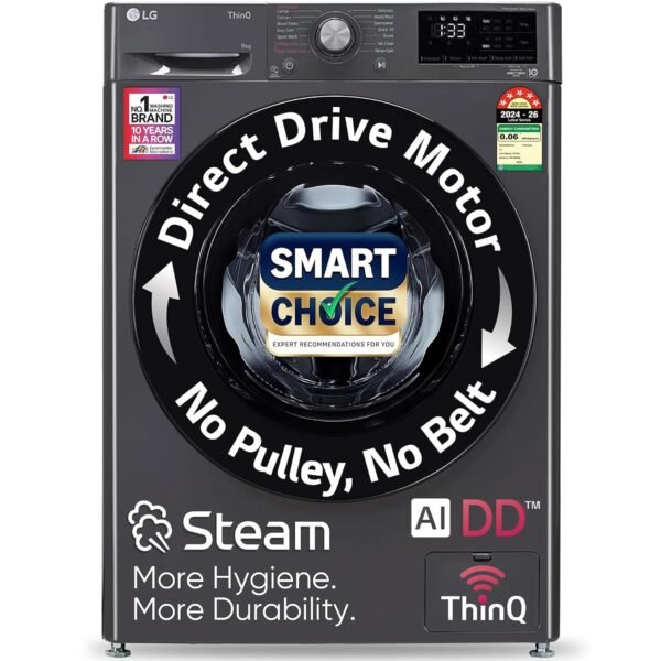 LG Smart Choice, 9 Kg, 5 Star, AI Direct Drive Technology, Steam, 6 Motion DD & Wi-Fi Fully-Automatic Front Load Washing Machine (FHP1209Z5M, Intelligent & Convenient Fabric Care, Middle Black)