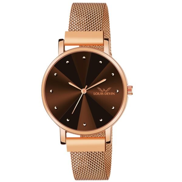 LOUIS DEVIN Rose Gold Plated Mesh Chain Analog Wrist Watch for Women (Blue/Green/Brown/Black Dial) | LD-RG173