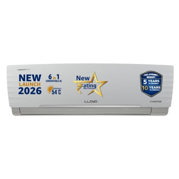 Lloyd 1.5 Ton 5 Star Inverter Split AC, 2026 New Star Rated (6 in 1 Convertible, Cools Up To 54°C, DG Mode, Ice Clean, Smart 4 Way Swing, Turbo Cool, Installation Check, White, GLS18I5AGGGW)