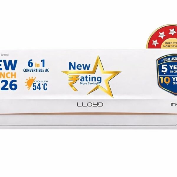 Lloyd 2 Ton 5 Star Inverter Split AC, 2026 New Star Rated (6 in 1 Convertible, Cools Up To 54°C, DG Mode, Ice Clean, Smart 4 Way Swing, Installation Check, White with Golden Deco Strip, GLS24I5AGCGR)