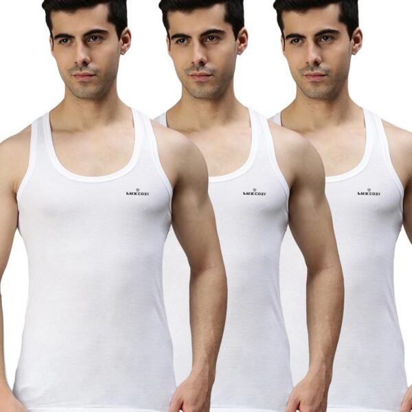 Lux Cozi Men's White Round Neck Sleeveless Cotton Vest (Pack of 3)