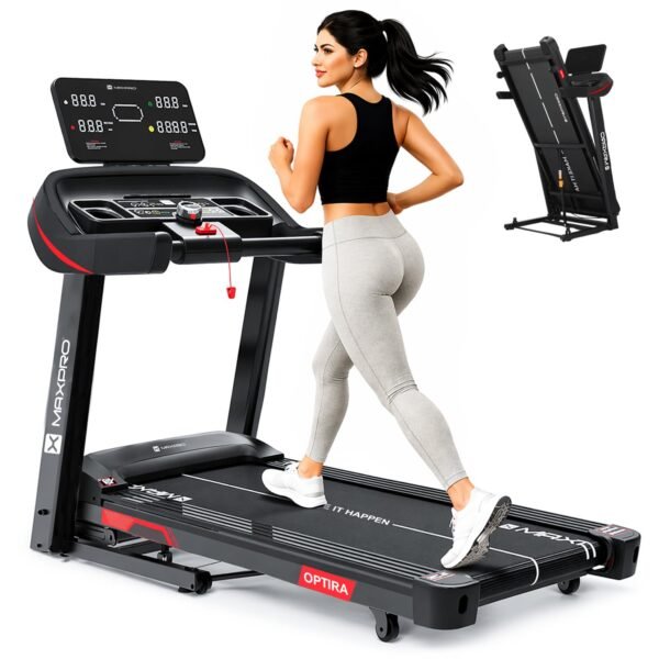 Maxpro Optira 6Hp Peak BLDC Motor|18km/h Speed |16 Level Motorized Incline |Bluetooth Speaker|FitShow App |130Kg User Weight |Auto Incline Hydraulic Foldable Treadmill for Home use