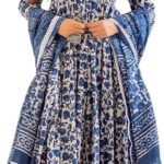 Meera Fab Women's Cotton Printed Blue Anarkali Kurta With Palazzo & Dupatta