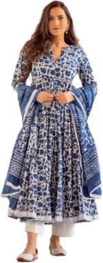 Meera Fab Women's Cotton Printed Blue Anarkali Kurta With Palazzo & Dupatta