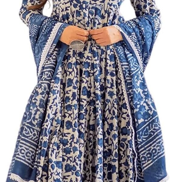 Meera Fab Women's Cotton Printed Blue Anarkali Kurta With Palazzo & Dupatta