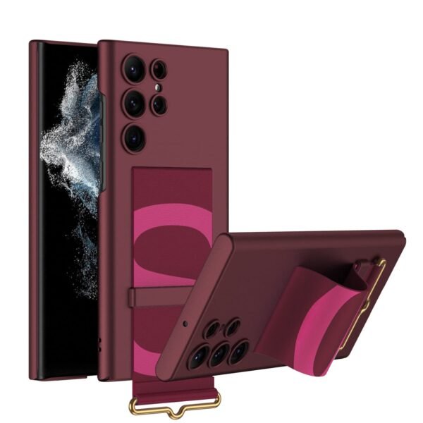 Midkart Leather Wristband Holder Cover Compatible with Samsung Galaxy S22 Ultra Slim Hard PC with Wrist Strap Kickstand Lightweight Case, Burgundy
