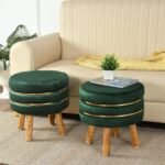 NACIA Velvet Upholstered Ottoman Stool with Wooden Legs | Round Pouffe Footrest Seat for Living Room Bedroom Balcony | Compact Foot Stool for Sitting Home Decor Furniture, 18 Inch (Green, Set of 2)