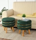 NACIA Velvet Upholstered Ottoman Stool with Wooden Legs | Round Pouffe Footrest Seat for Living Room Bedroom Balcony | Compact Foot Stool for Sitting Home Decor Furniture, 18 Inch (Green, Set of 2)