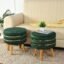NACIA Velvet Upholstered Ottoman Stool with Wooden Legs | Round Pouffe Footrest Seat for Living Room Bedroom Balcony | Compact Foot Stool for Sitting Home Decor Furniture, 18 Inch (Green, Set of 2)