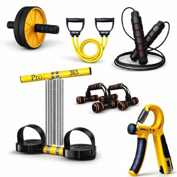 PRO365 6-in-1 Home Fitness Equipment Kit | Ab Roller Wheel, Resistance Band, Jump Rope, Push Up Bars, Hand Gripper & Chest Expander | Full Body Workout Set for Men & Women (Multicolour)