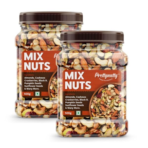 PrettyNutty Healthy Nutmix 1kg, Dried Almonds, Black Raisins, Cashewnuts, Cranberries, Green Raisins, Walnut Kernels & Many More. Pack of 2 (500g Each Jar)
