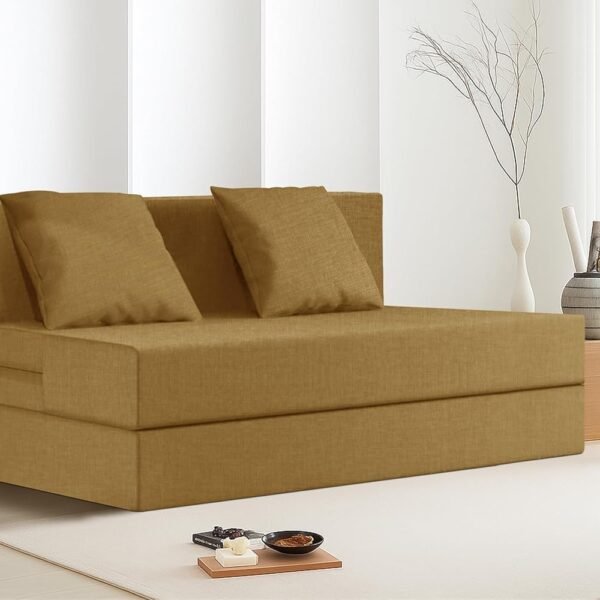 Rosebell 2-Person Jute Sofa Cum Bed – Golden | Compact & Lightweight | Removable Washable Cover + 2 Cushions | 4 x 6 Ft | Ideal for Home & Office Guests