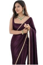 SATAZ Women's Ready To Wear Deep Wine Satin Silk Saree Scalloped Border Readymade With Unstitched Blouse