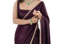 SATAZ Women's Ready To Wear Deep Wine Satin Silk Saree Scalloped Border Readymade With Unstitched Blouse