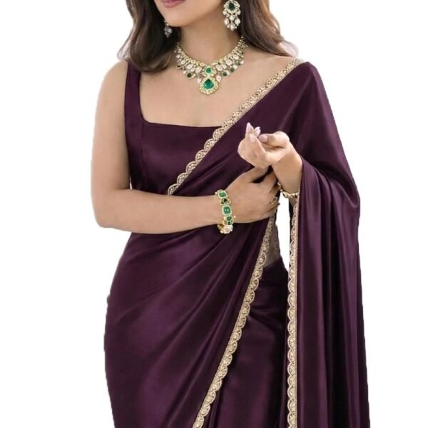 SATAZ Women's Ready To Wear Deep Wine Satin Silk Saree Scalloped Border Readymade With Unstitched Blouse