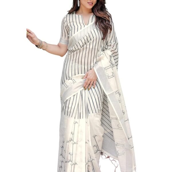 SIRIL Women's Cotton Linen Printed Saree with Unstitched Blouse Piece