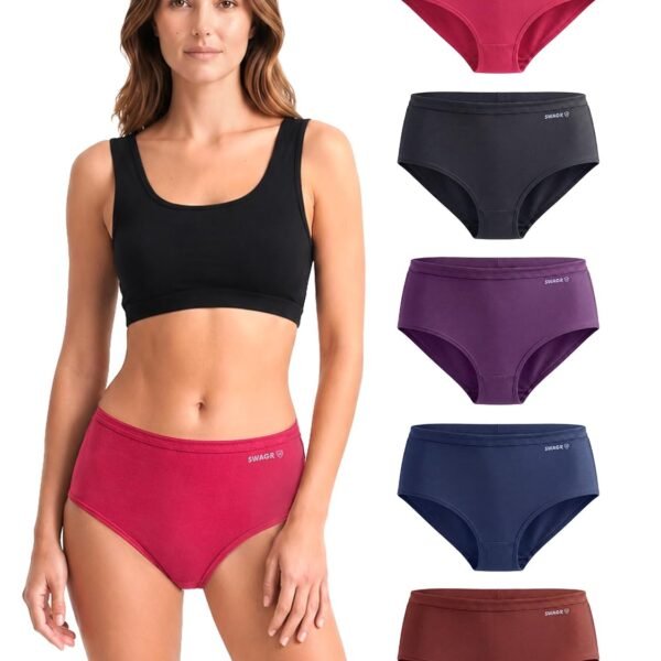 SWAGR 5 Pack Women's High Coverage Super Combed Cotton Hipster Panty Set | Powered by ZincShield Anti-Bacterial Tech | BreatheSoft Fabric | MarkFree Waistband | SOXCO Style HP06