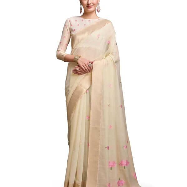 SWORNOF Womens Linen Silk Saree | Saree for Women With Unstitched Blouse | Saree with Blouse Piece | Soft and Skin Friendly