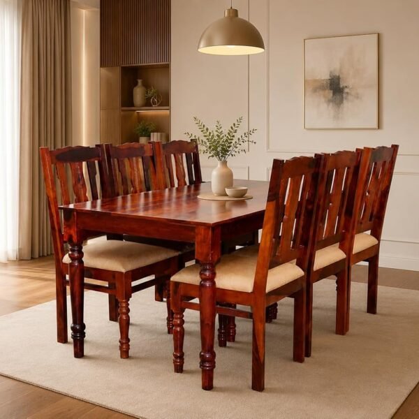Sheesham Wood 6-Seater Dining Table Set with Cushioned Chairs | Solid Wooden Furniture for Home & Kitchen (Maple, 6 Seater)