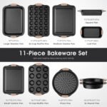 Slow Slog 11-Piece Baking Pans Set, Nonstick Bakeware Sets, Oven Pans for Baking with Silicone Handles, Includes Cookie Sheet, Cake Pans, Loaf Pan, Pizza Pan, Muffin Pan, Khaki&Black