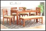 Solid Sheesham Wood Dining Table Set 6 Seater | Six Seater Dining Table 6 Seater with 4 Cushion Chairs & 1 Bench for Living Room | 6 Seater Dining Set for Hotel Restaurant, Honey