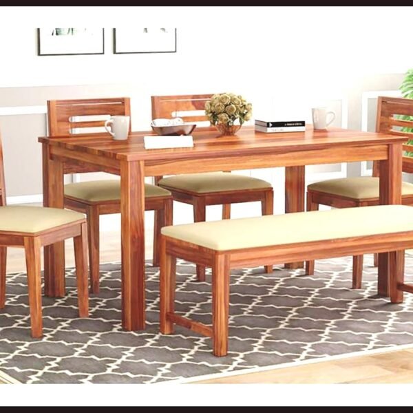 Solid Sheesham Wood Dining Table Set 6 Seater | Six Seater Dining Table 6 Seater with 4 Cushion Chairs & 1 Bench for Living Room | 6 Seater Dining Set for Hotel Restaurant, Honey