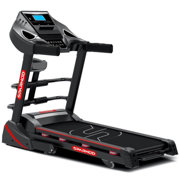 Sparnod Fitness STH-3600 Multifunction Treadmill for Home Use, 4 HP Peak DC Motor, 16 Km/H, Advanced Console with 12 Pre-Set, Massager, Supports 110 Kg User Weight Hydraulic Foldable Inbuilt Speakers